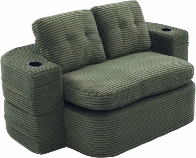 Poltrona Letto 2-in-1 in Velluto a Coste Verde Smeraldo con Braccioli Regolabili, Portabicchieri e Schienale Alto