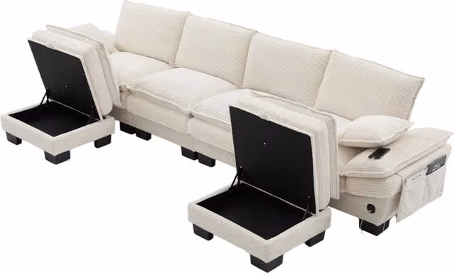 Divano modulare 4 posti 330x132x84 cm con 2 pouf; USB-C e velluto a coste beige