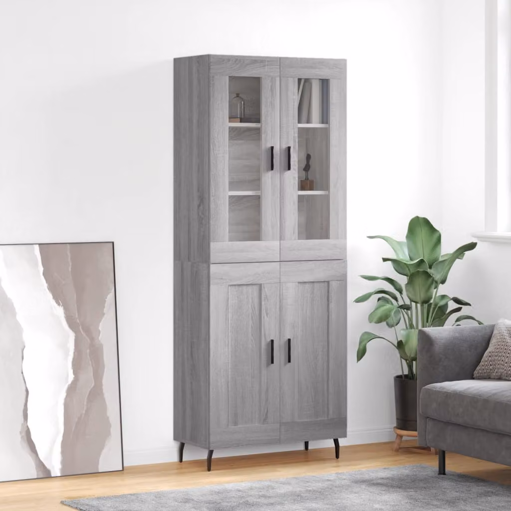 Credenza moderna vidaXL in legno multistrato e vetro, colore grigio, L: 69,5 cm, P: 34 cm, H: 180 cm