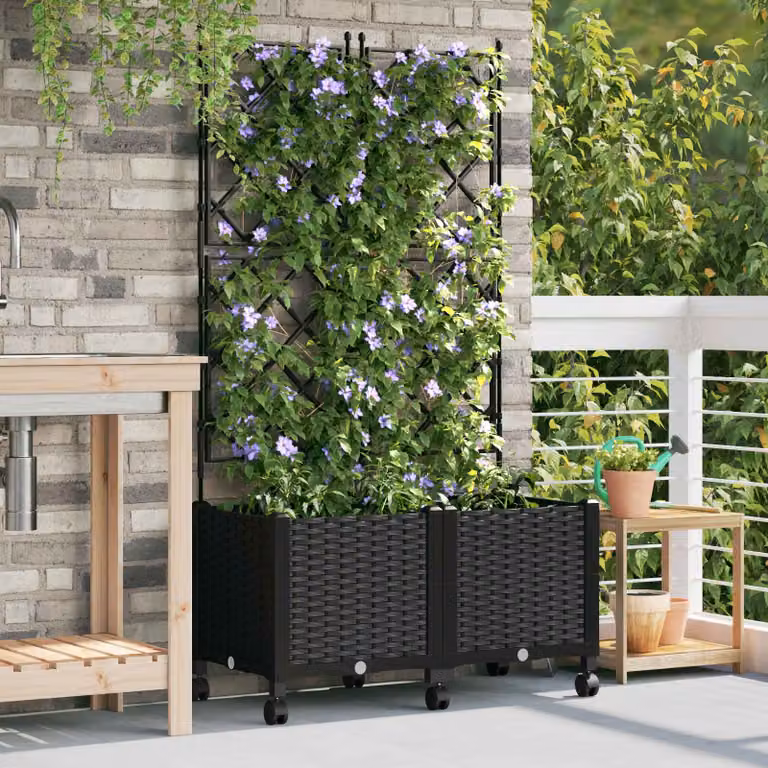 Set di 2 vasi da giardino vidaXL con grigliato e ruote, colore nero, in plastica