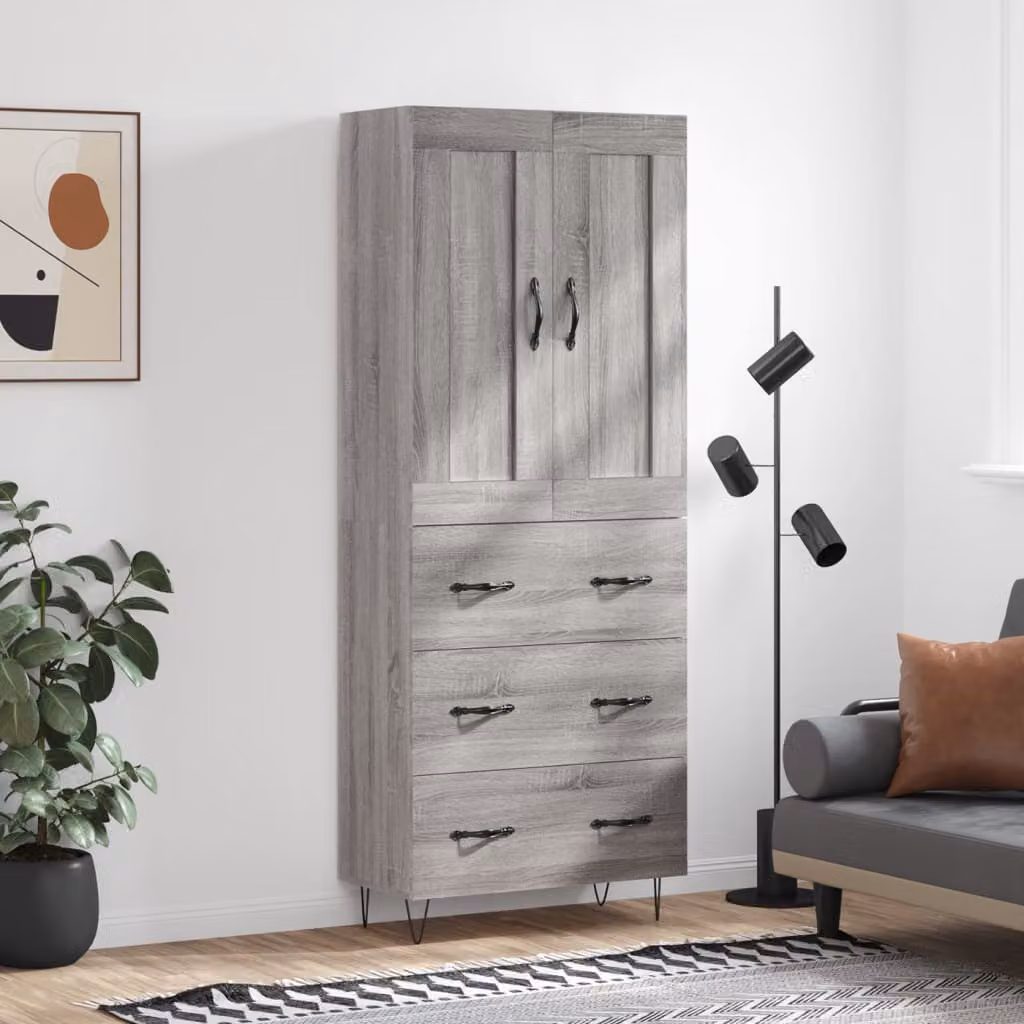 Credenza moderna vidaXL in legno multistrato e metallo, Grigio Sonoma, L: 69,5 cm, P: 34 cm, H: 180 cm