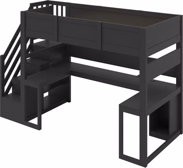 Letto a soppalco gaming 90x200 cm con scrivania integrata, scala contenitore e luci LED