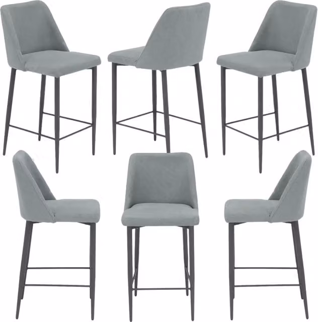 Set di 6 sgabelli imbottiti Alexia Redokasa in tessuto antimacchia idrorepellente grigio con gambe in metallo per cucina, sala da pranzo e soggiorno, Altezza: 63 cm