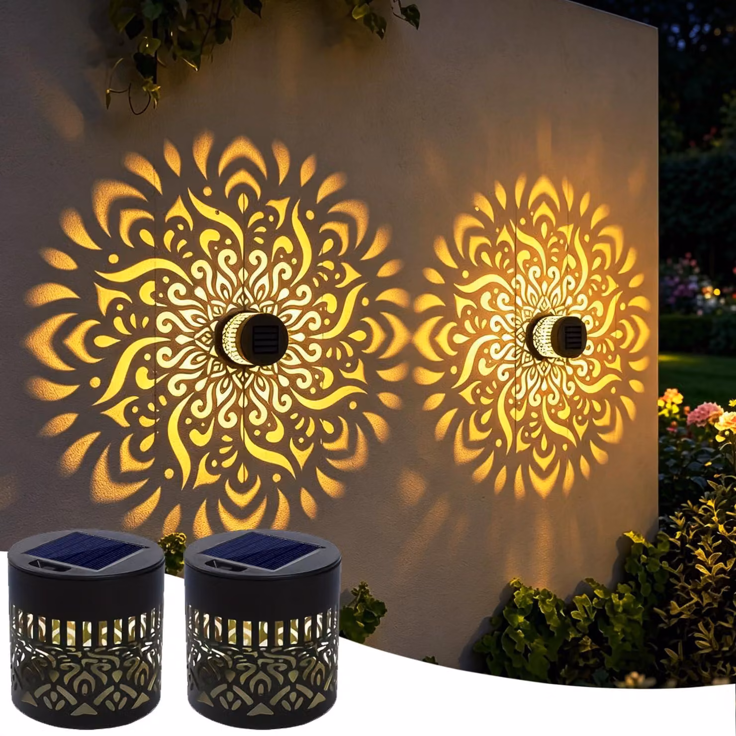 Lampade solari a forma di mandala, 2 pezzi, luce bianco caldo, resistenti alle intemperie, 8x8x8 cm