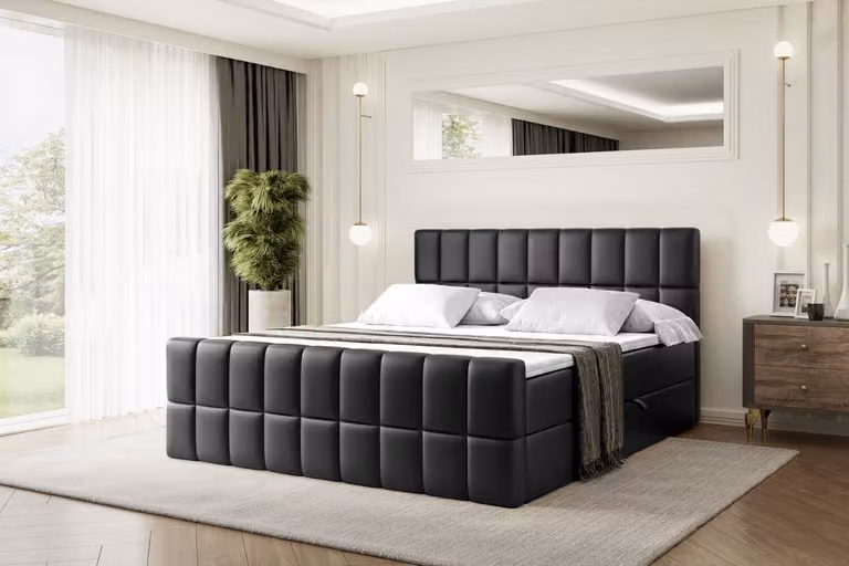 Letto boxspring ALTDECOR con pediera, materasso H4 e topper - 200x200 cm - MIAMI-Z - Pelle finta nera - Letto imbottito con contenitore e rete a doghe, letto con spazio contenitivo