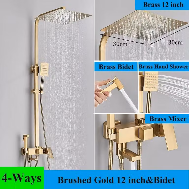 Sistema doccia - Doccia a pioggia a parete con rubinetteria per vasca - Soffione da 30 cm - Bocchello orientabile da 15 cm - Miscelatore monocomando - Cartuccia in Vetroceramica - Regolabile in altezza - Oro spazzolato