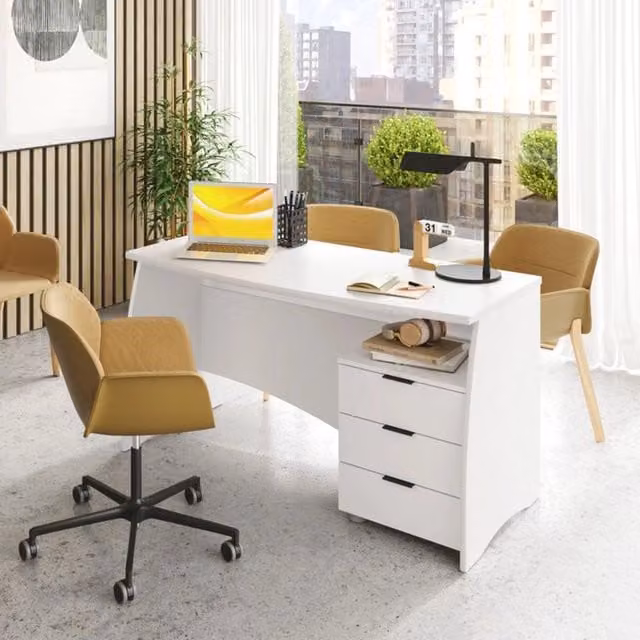 Scrivania moderna DMORA con cassettiera, Bianco opaco, L: 136 cm, P: 44 cm, H: 72 cm
