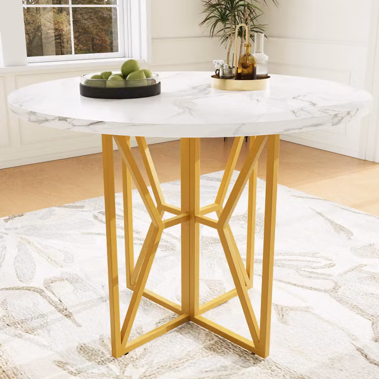 Tavolo da pranzo rotondo Sweiko (80 x 80 x 76 cm), tavolo rotondo leggero e lussuoso per 4-6 persone, adatto per sala da pranzo e soggiorno, gambe dorate, piano in MDF marmorizzato
