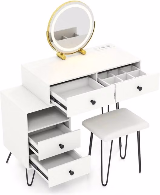Tavolo da trucco con specchio e luci 4 cassetti estraibili e scomparto aperto, Tavolo da toeletta con sgabello per camera da letto