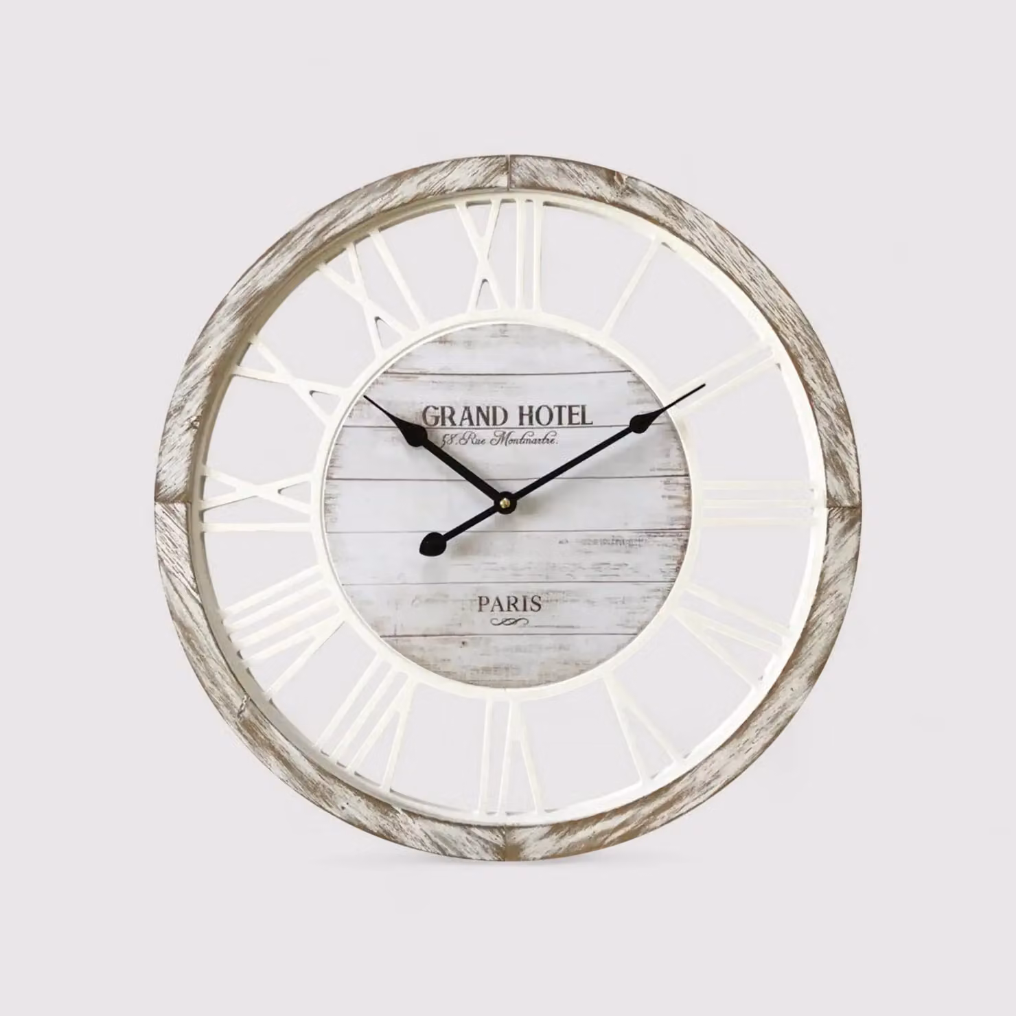 Raffia - Orologio da parete shabby in legno bianco e marrone