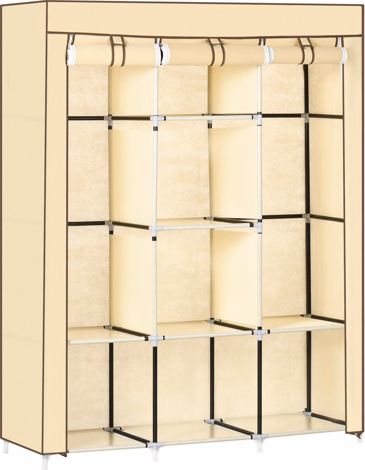 Fortuna Lai Armadio in tessuto con 8 ripiani e appendiabiti, armadio pieghevole in tessuto non tessuto beige, 125x43x162,5 cm per riporre gli oggetti risparmiando spazio