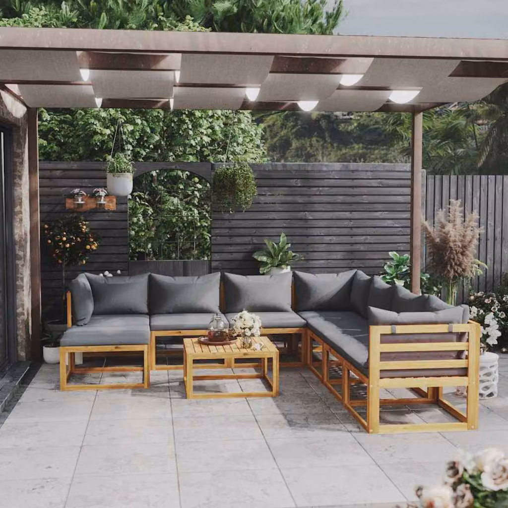 Set di Divani da Giardino vidaXL 9 Pezzi in Legno Massello di Acacia con Cuscini Grigi e Tavolino da Esterno – 1