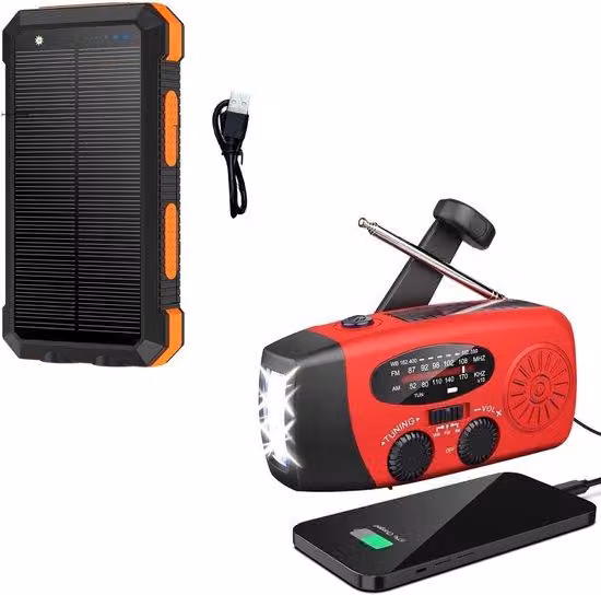 Radio di emergenza solare e a manovella, con batteria - Kit di emergenza - Radio portatile per la sopravvivenza - Include un power bank solare da 10.000 mAh - Power bank a energia solare - Radio da costruzione - Torcia - Colore: rosso