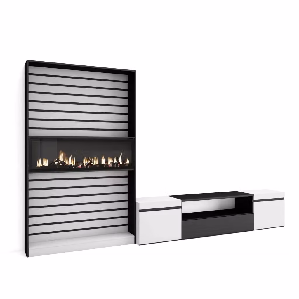 Mobile TV per soggiorno SKRAUT HOME con camino elettrico, Bianco e nero, L/P/H: 310 x 35 x 186 cm – 2