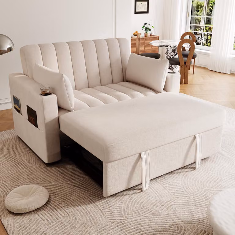 Divano letto Merax, con funzione sleep, divano letto a 2 posti con schienale regolabile, portabicchieri, set di divani, divano da salotto, beige