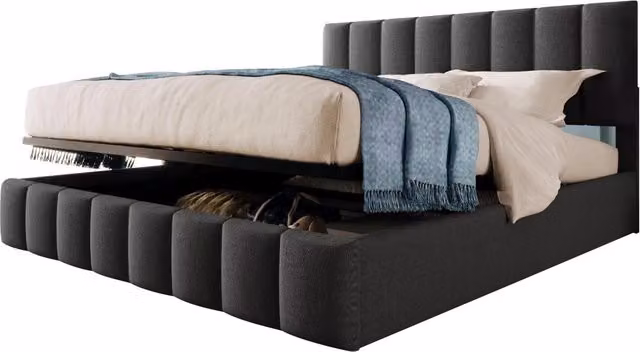 Letto contenitore matrimoniale in lino con rete sollevabile e testiera regolabile, grigio, L/P/H: 140 x 200 x 118 cm