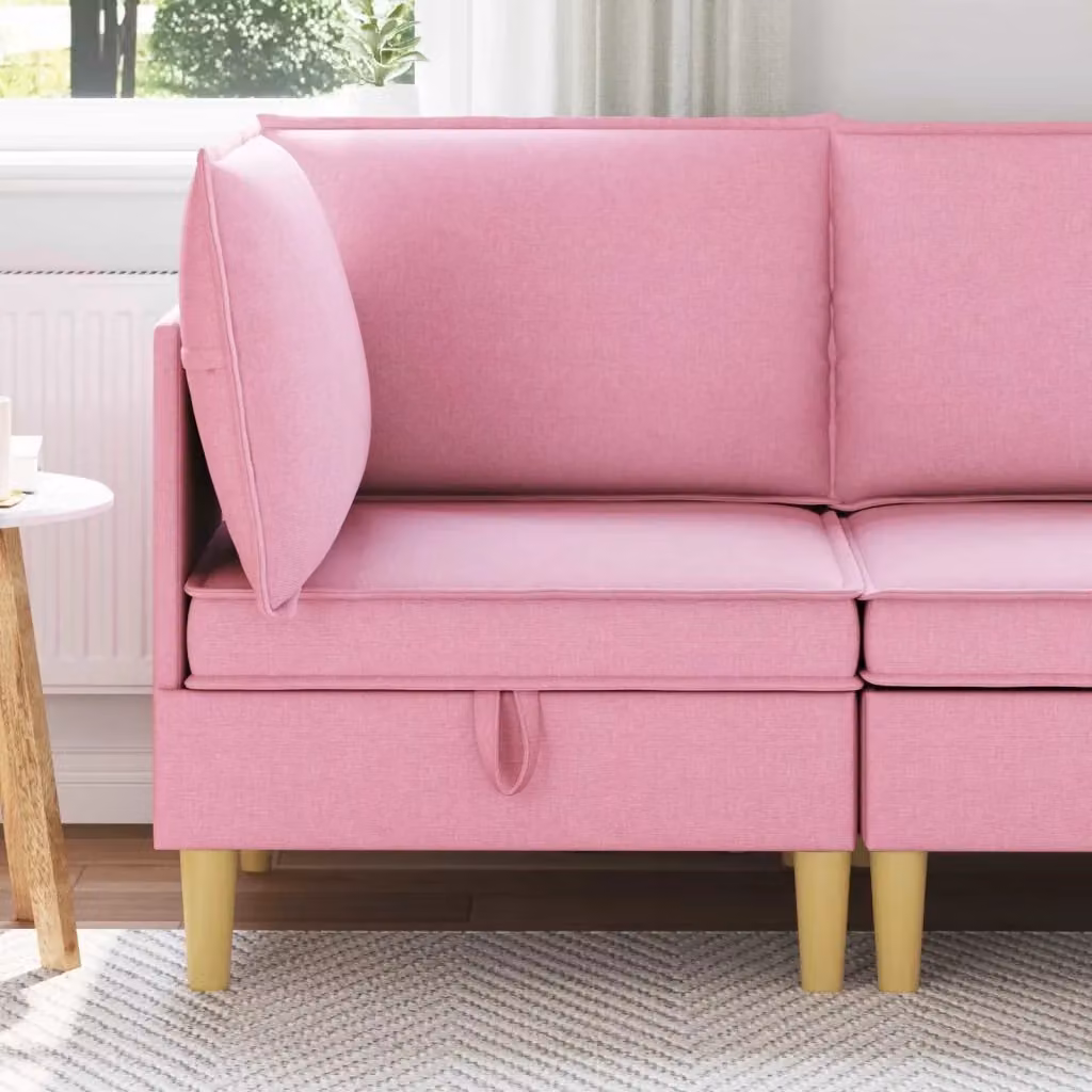 Divano da soggiorno minimalista in tessuto con struttura in legno e contenitore, disponibile nei colori marrone e rosa – 2