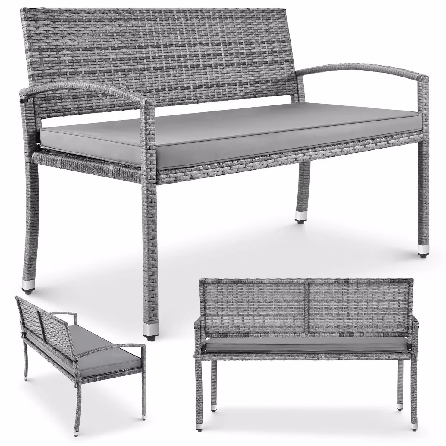 Panca da giardino in rattan sintetico - Panca per terrazza e balcone, 2 posti - Struttura in metallo, dimensioni 122x60x90 cm - Con braccioli - Cuscini per il sedile inclusi - Portata massima di 320 kg - Resistente agli agenti atmosferici - Grigia