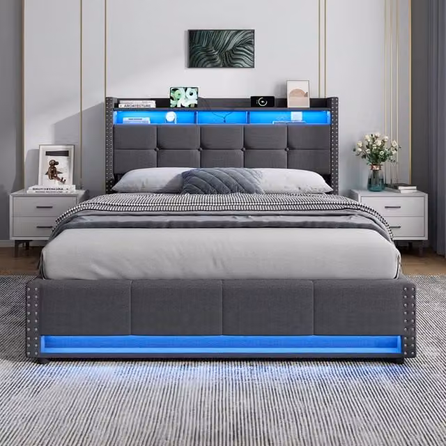 Letto matrimoniale contenitore imbottito grigio scuro 140x200 cm con LED e ricarica USB