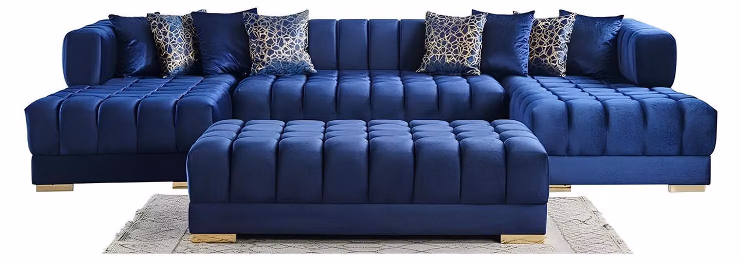 Set da salotto moderno: grande divano ad angolo blu a forma di U con pouf, 2 pezzi