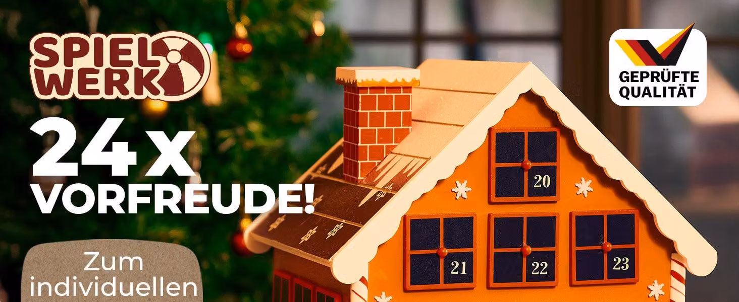 Calendario dell'Avvento in legno a forma di casetta con 24 cassetti riutilizzabili