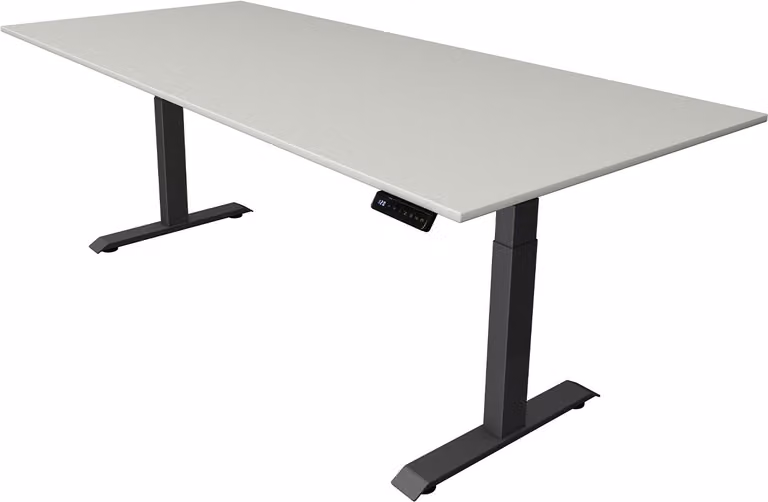 Scrivania Kerkmann Move 4 regolabile in altezza elettricamente, grigio chiaro, rettangolare, con base a T grigia, 225,0 x 100,0 cm