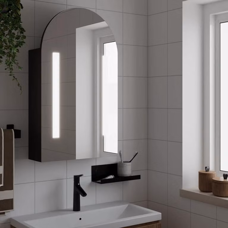 Armadietto da bagno con specchio e illuminazione LED vidaXL, nero opaco, L 42 cm x P 13 cm x H 70 cm