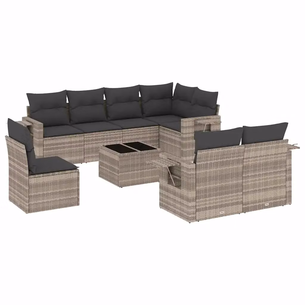 vidaXL Set Divano da Giardino a L in Polyrattan Grigio con 9 Pezzi e Cuscini Imbottiti – 2