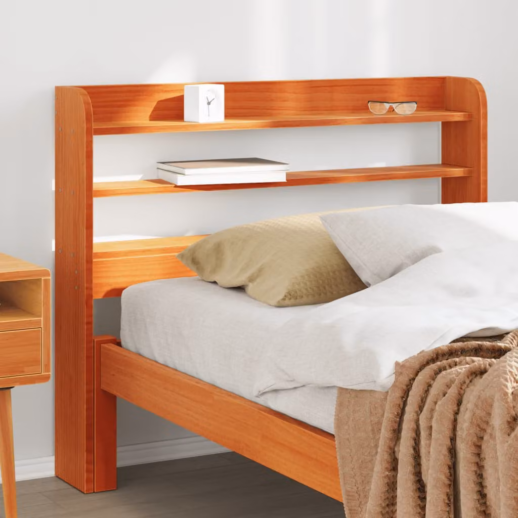 Testiera con ripiani vidaXL in legno massello di pino, colore marrone cera, per letto 100x200 cm