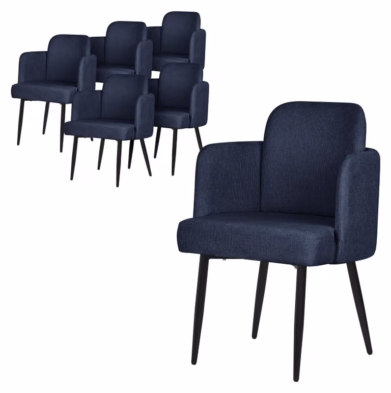 ML-Design set di 6 sedie da pranzo Rivestimento in tessuto blu scuro Sedia da cucina con braccioli e schienale in rattan Sedia imbottita con gambe in metallo Ergonomica