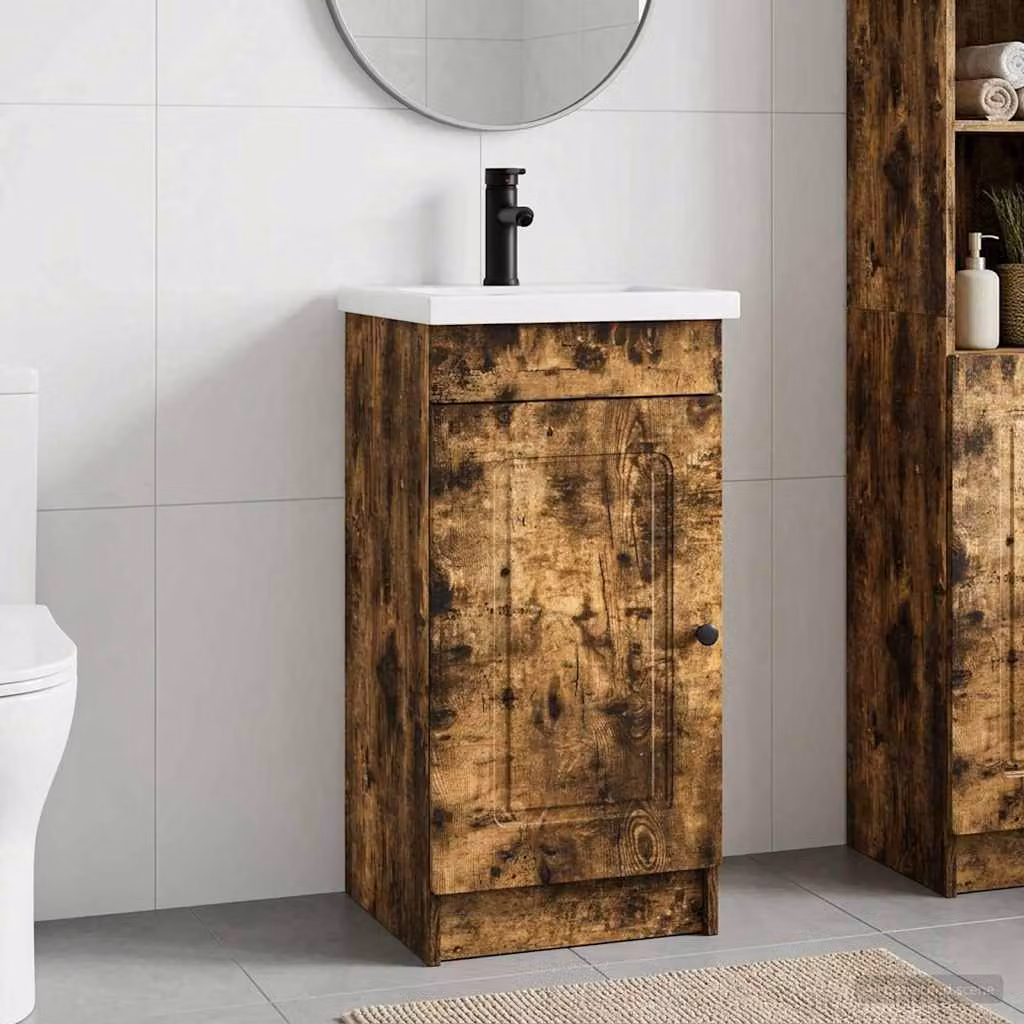 Mobile da bagno con lavabo vidaXL in stile moderno, colore Rovere Fumo, L 42 cm x P 40 cm x H 84,5 cm