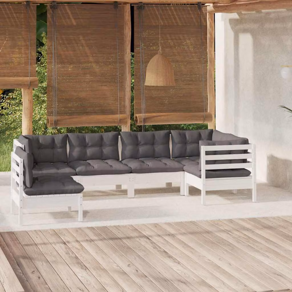 Set di divani da giardino vidaXL a forma di L in legno di pino con cuscini bianchi e grigi