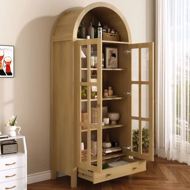 Vetrina Moderna ad Arco in MDF con Ripiani Regolabili e Cassetto 75x35x170.5 cm Naturale