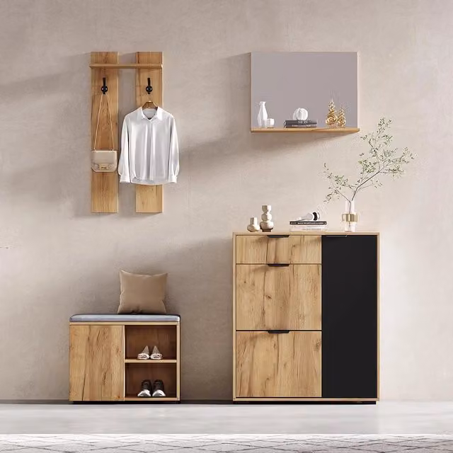 Set vestiario per corridoio - Xylo - con panchina, armadio, specchio, 2 ganci, 4 ante, 140x35x139 cm