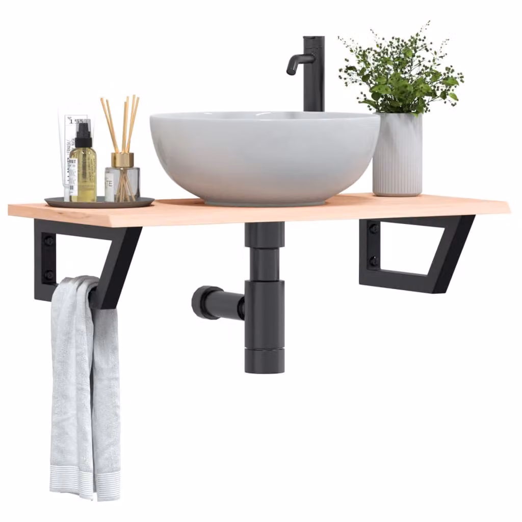 vidaXL Ripiano a Parete per Lavabo in Rovere Massello e Metallo Nero e Marrone L: 80 cm, P: 40 cm, H: 17 cm