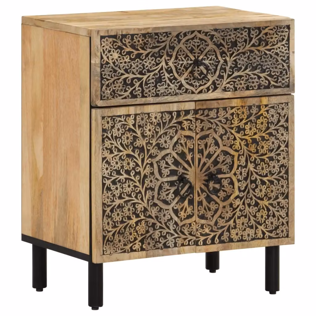 Comodino vidaXL in legno di mango marrone con design retro e decorazione floreale L: 50 cm, P: 33 cm, H: 60 cm – 2