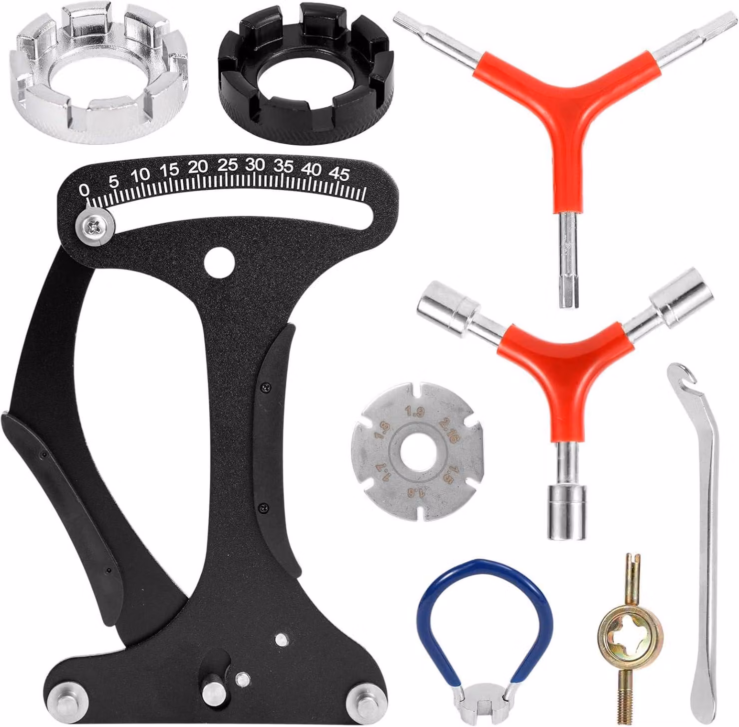 Set di chiavi per raggi di bicicletta, composto da 9 pezzi, con misuratore di tensione dei raggi e leva pneumatici, per la riparazione di biciclette