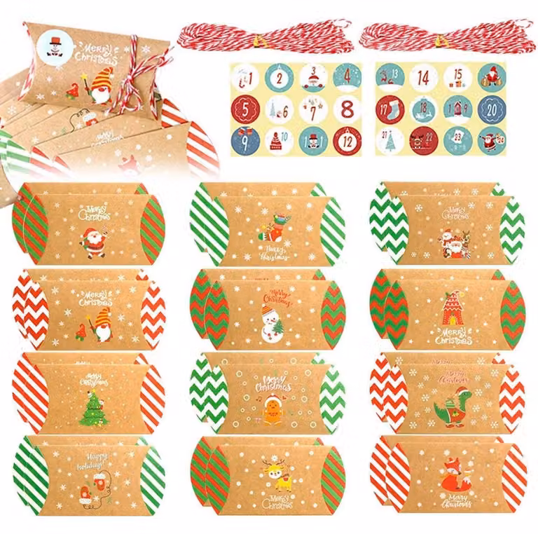 Calendario dell'Avvento da riempire, 24 pezzi, forma a cuscino, fai da te, realizzato in carta kraft, completo di accessori