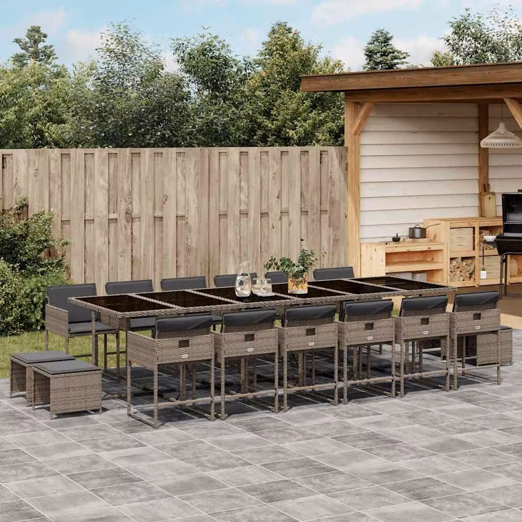 Set da pranzo da giardino vidaXL in polyrattan con cuscini grigi e piano in vetro, 17 pezzi – 1