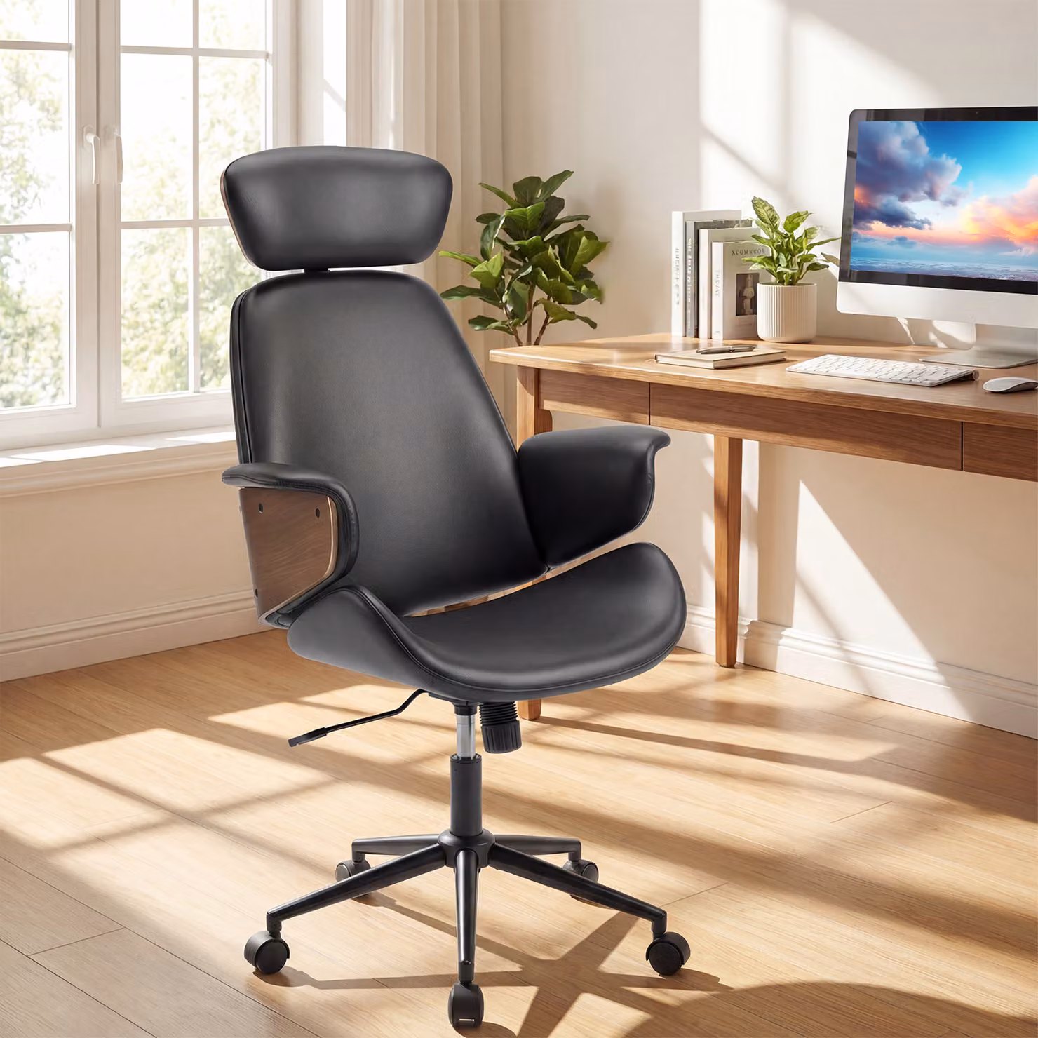 Sedia da ufficio ergonomica Costway in ecopelle nera con altezza regolabile, schienale inclinabile e ruote girevoli, portata 110 kg