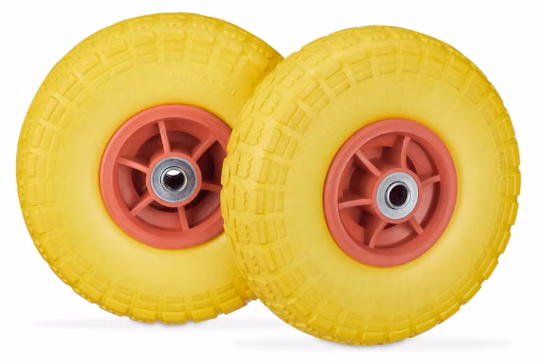 4 ruote per carrello a mano, pneumatici in gomma piena anti-foratura, 4.1/3.5-4", asse da 16 mm, portata fino a 150 kg, A x P: 26 x 8,5 cm, giallo/rosso