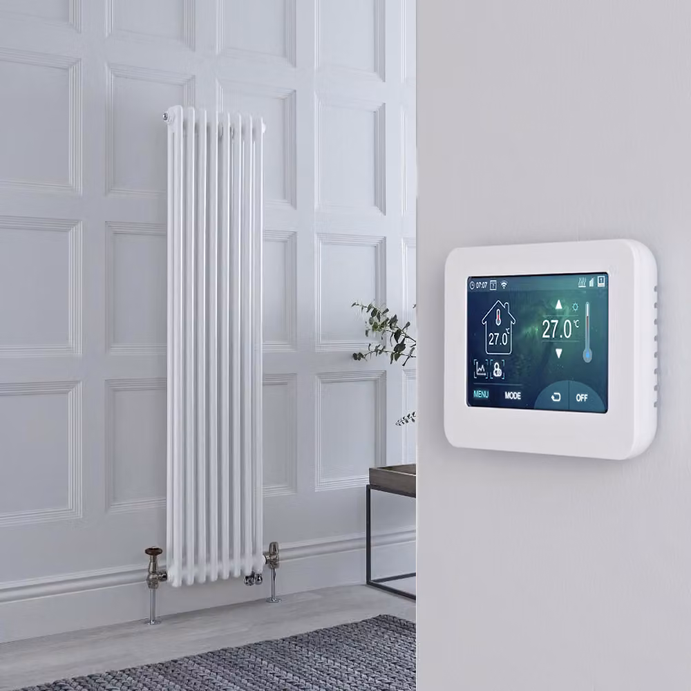 Radiatore Misto Verticale Doppio Regent Bianco con Valvole in Nichel Satinato, Termostato WiFi e Display Touchscreen, H: 150 cm, L: 38 cm