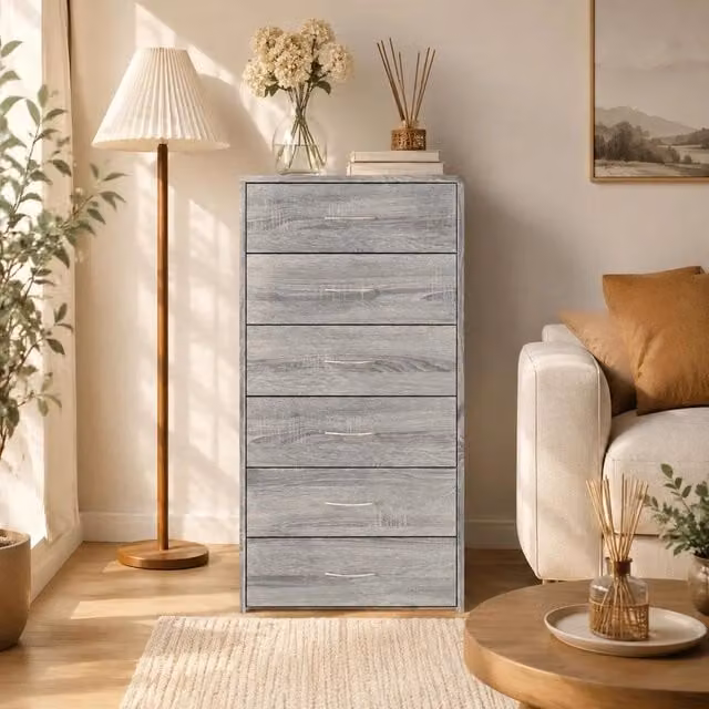 Sideboard With 6 Drawers, Sonoma Grey, 50x34x96cm, Wood-based Material