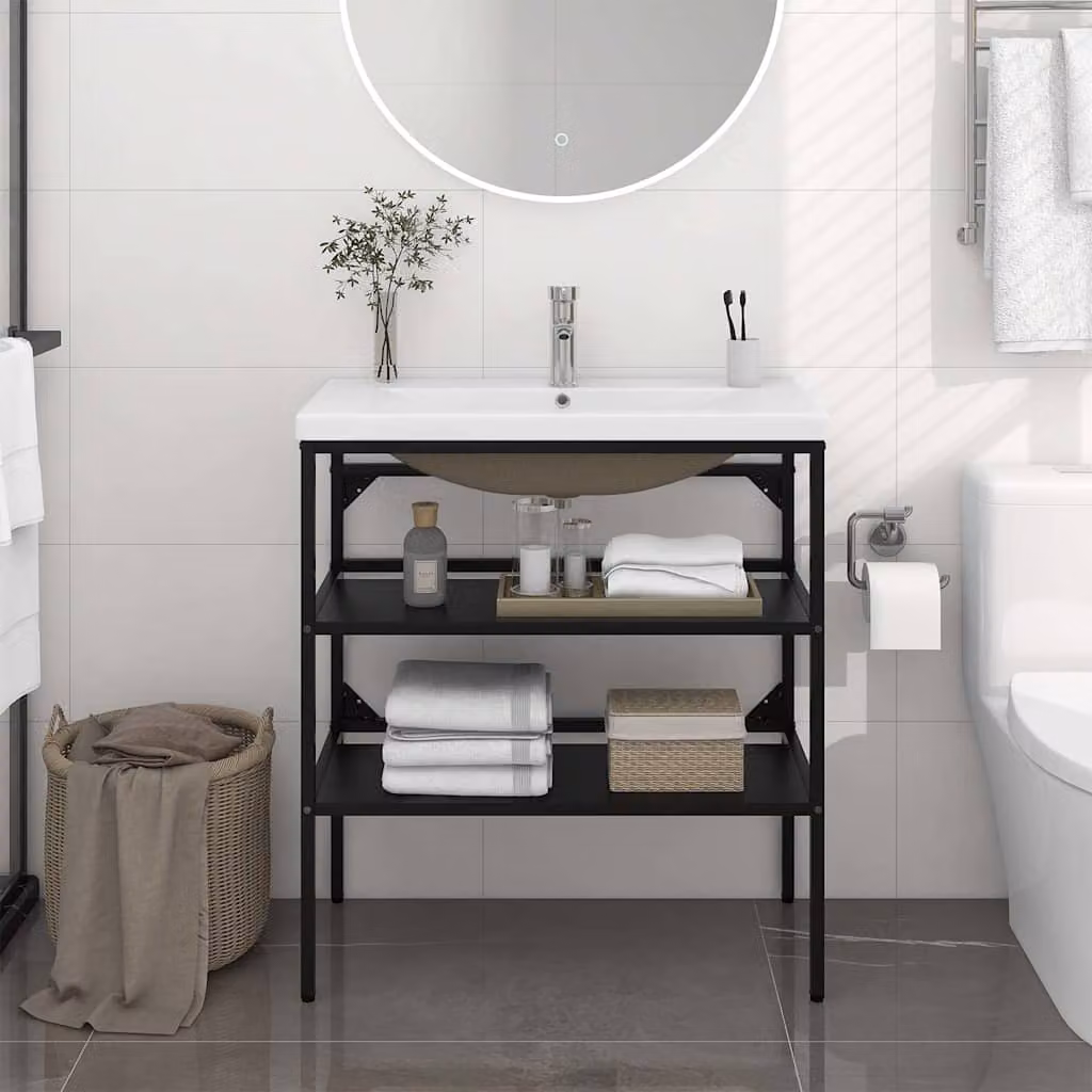 vidaXL Telaio per Lavabo da Bagno con Lavabo Integrato in Metallo e Ceramica Nero e Bianco L/P/H: 83 x 79 x 38 cm