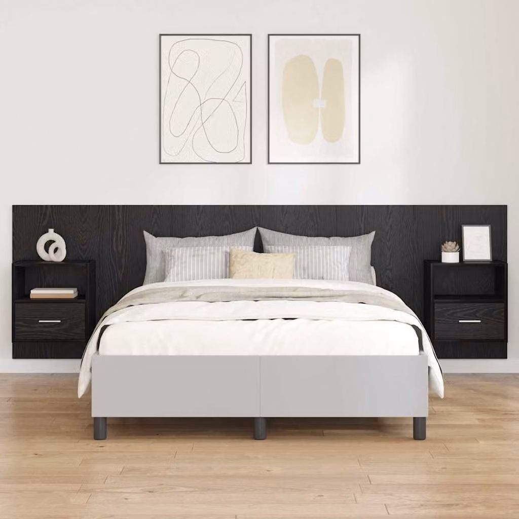 Set di 3 pezzi Testata con Comodini Integrati vidaXL Moderno in Legno Ingegnerizzato Nero Opaco L: 257,0 cm, H: 80,0 cm, P: 38,76 cm