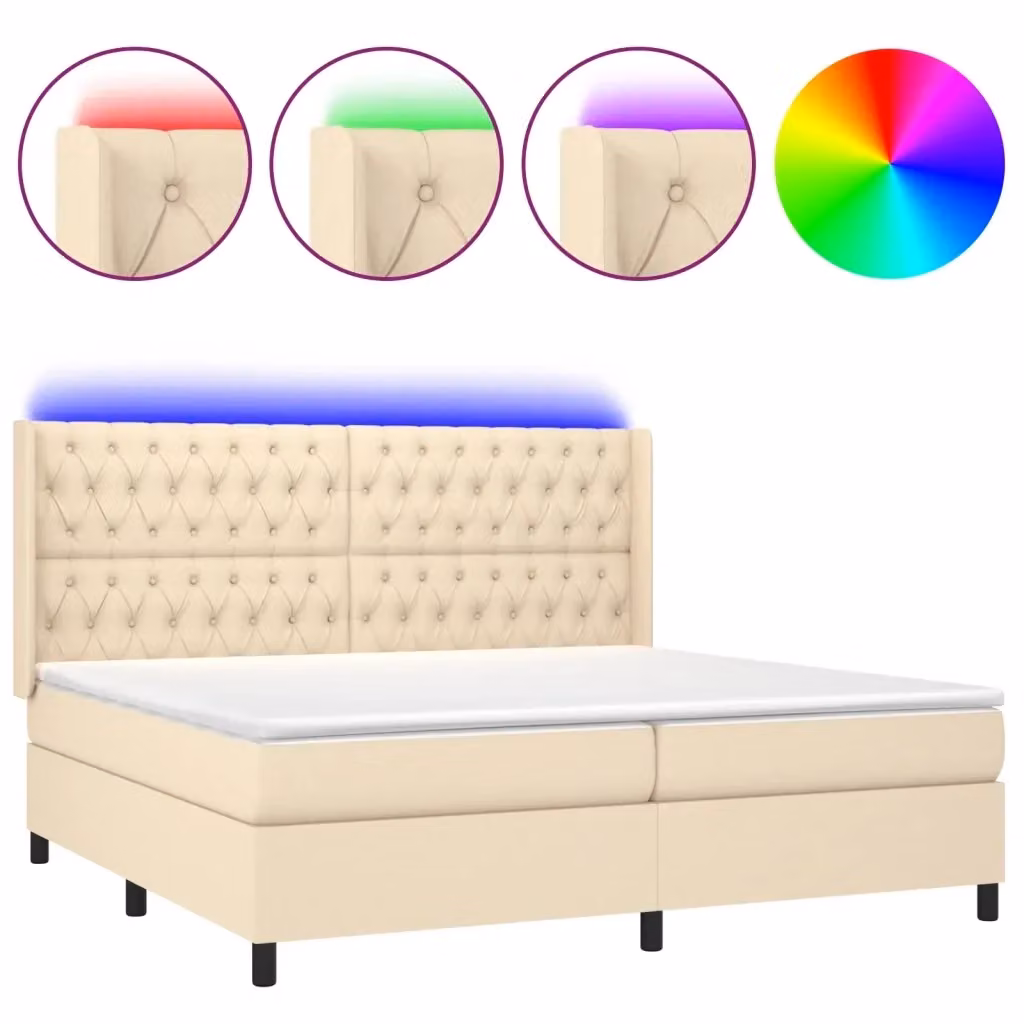 Letto a Molle vidaXL con Testiera in Tessuto, Illuminazione LED e Porte USB, Bianco/Beige, 200 x 200 cm – 2