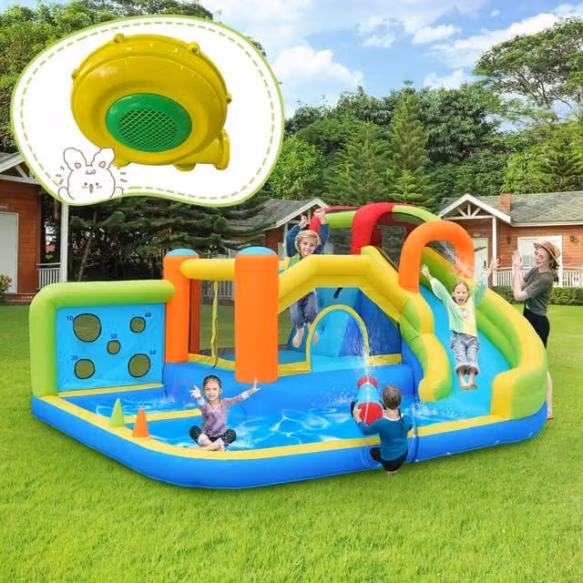 [Divertimento tutto l'anno] Castello gonfiabile con soffiatore, parco acquatico multifunzionale + parco trampolini per bambini, scivolo acquatico,