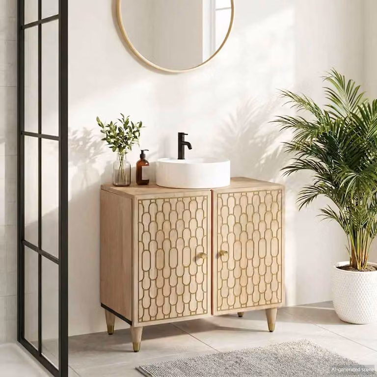Lavabo da bagno mobile vidaXL in legno massello di mango, colore marrone e bianco, L: 62 cm, P: 33 cm, H: 58 cm