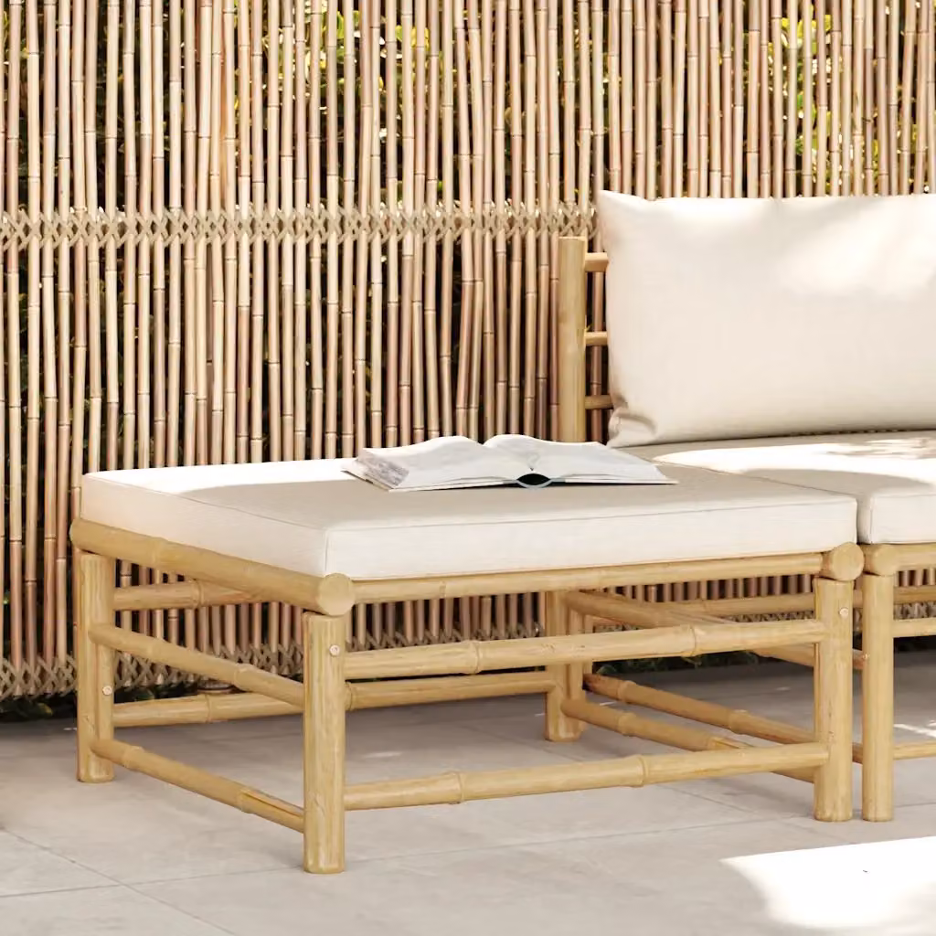 Poggiapiedi da giardino in bambù con cuscino bianco e beige L: 65 cm, P: 30 cm, H: 30 cm – 2