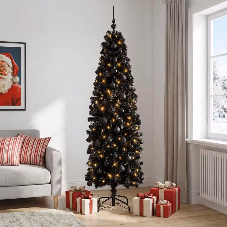 Albero di Natale artificiale, sottile, con decorazioni a forma di pallina, altezza 210 cm